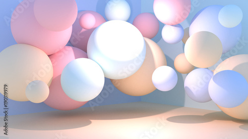 Pastel room decorated with random sizes balls. 3d rendering picture.