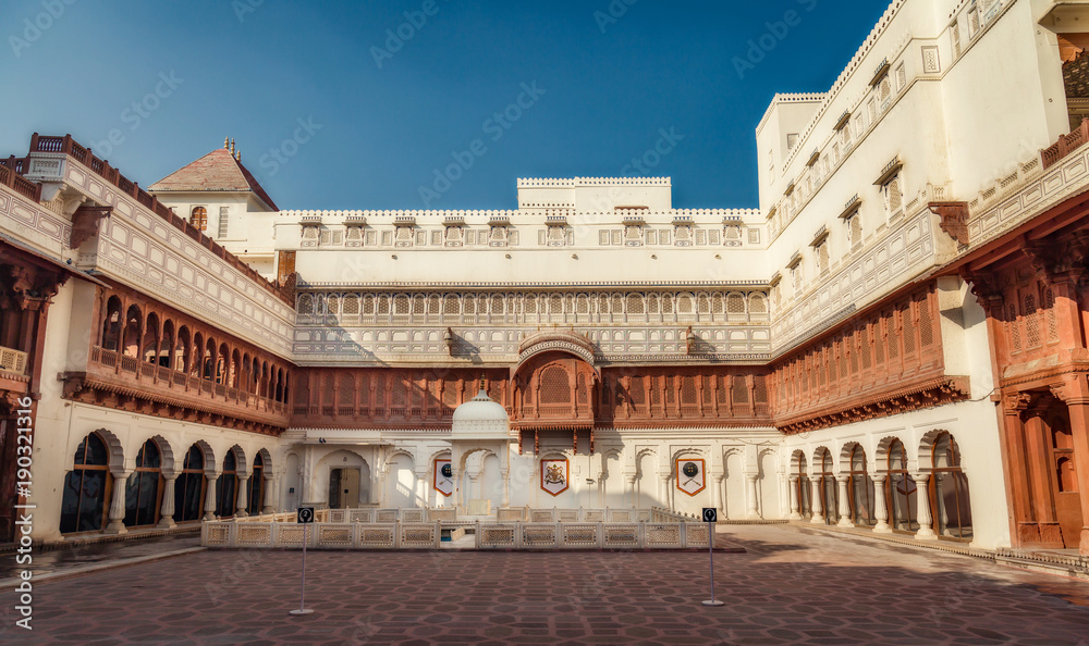Junagarh Fort Bikaner Rajasthan architectural structure made of white marble and red sandstone.	
