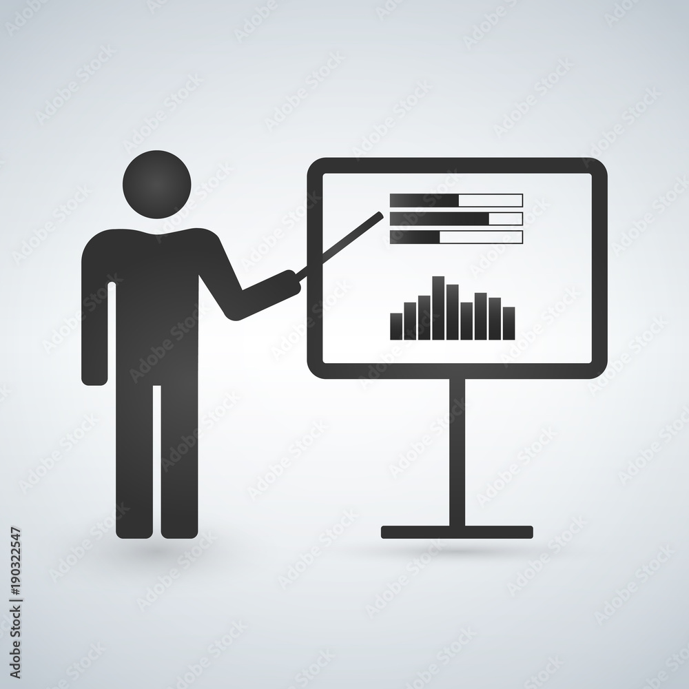 Business meeting simple isolated vector icon. Businessman with tie and chart graph board. Business meeting simple isolated vector icon. Businessman with tie and chart graph board.