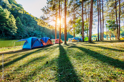 Photos Camping tents under pine trees with sunlight at Pang Ung lake, Mae Hong Son in THAILAND