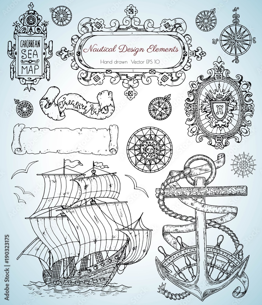 Design set with old nautical elements, sailing ship, anchor, frames and ...