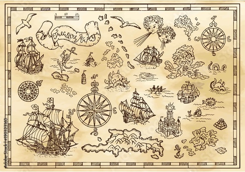 Design set with nautical decorative elements, fantasy creatures, pirate treasure map details. Pirate adventures, treasure hunt and old transportation concept. Hand drawn vector illustration