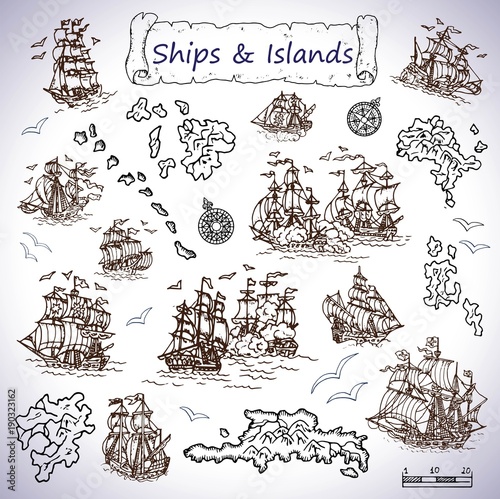 Wallpaper Mural Design set with old sailing ships, treasure islands, compasses. Pirate adventures, treasure hunt and old transportation concept. Hand drawn vector illustration, vintage background Torontodigital.ca