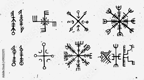 Futhark norse islandic and viking runes set. Magic hand draw symbols as scripted talismans. Vector set of ancient runes of Iceland. Galdrastafir, mystic signs of early North magic. Ethnic norse viking