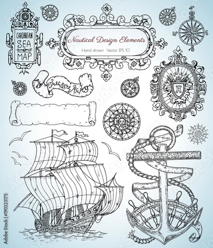 Design set with old nautical elements, sailing ship, anchor, frames and borders. Pirate adventures, treasure hunt and old transportation concept. Hand drawn vector illustration, vintage background