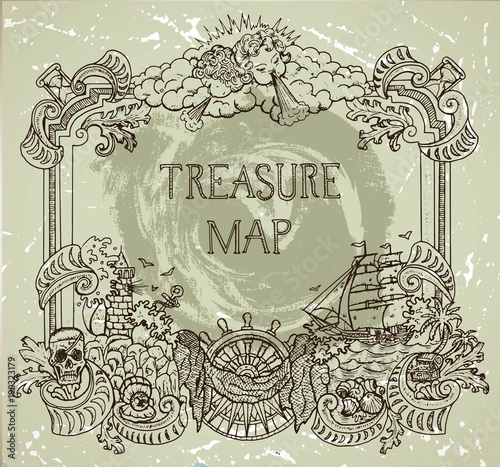 Hand drawn decorative frame with pirate treasure concept, old ships, treasure islands and nautical elements. Pirate adventures, treasure hunt and old transportation concept