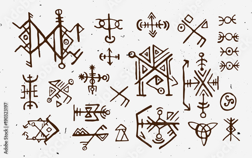 Futhark norse islandic and viking runes set. Magic hand draw symbols as scripted talismans. Vector set of ancient runes of Iceland. Galdrastafir, mystic signs of early North magic. Ethnic norse viking photo