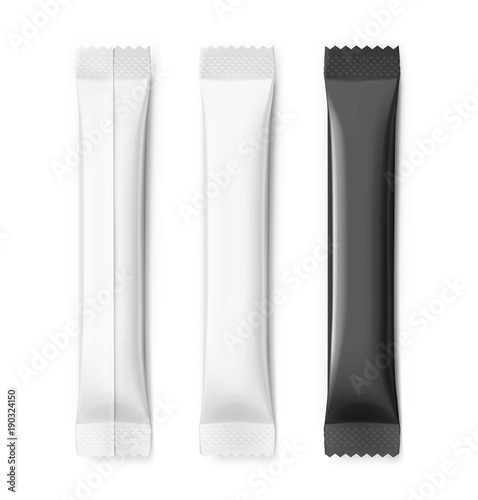 Universal mockups of blank packaging sticks. Vector illustration isolated on white background, ready and simple to use for your design.
