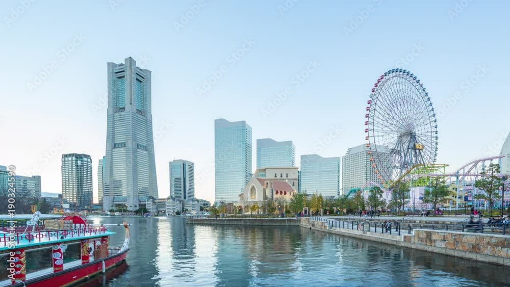 Time lapse of Yokohama city skyline in Japan day to night time lapse 4K