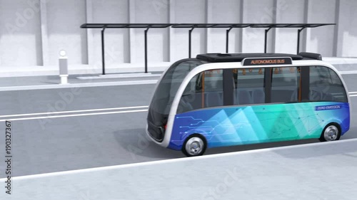 Autonomous shuttle bus driving in bus station. The bus station equipped with solar panels for electric power. 3D rendering animation.