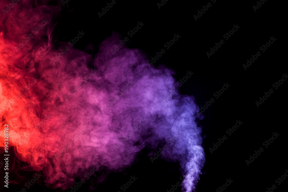Cloud of smoke of purple, red and orange colors on black  isolated background. Background from the smoke of vape