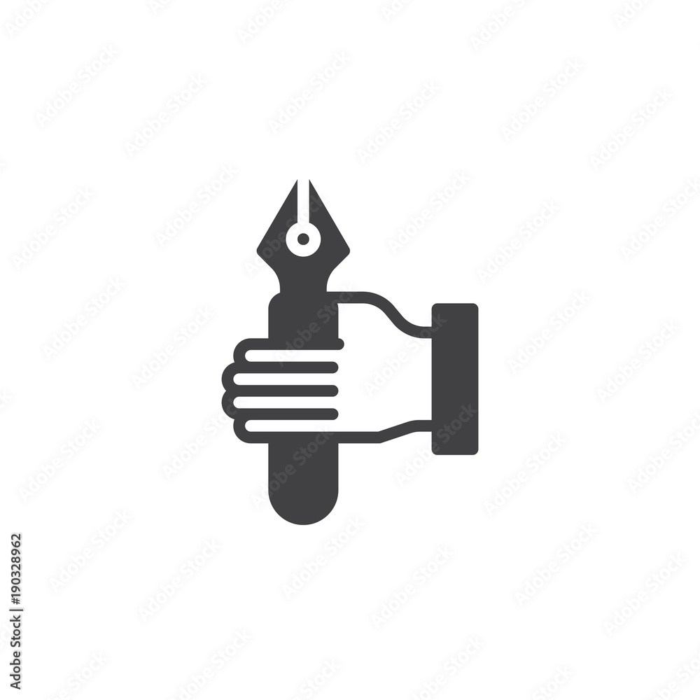 Hand holding fountain pen icon vector, filled flat sign, solid pictogram isolated on white. Pen in hand symbol, logo illustration. Hand holding fountain pen icon vector, filled flat sign, solid pictogram isolated on white. Pen in hand symbol, logo illustration.