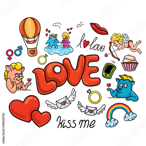 A set of romantic stickers in a cartoon, childlike style for Valentine's Day. Vector.