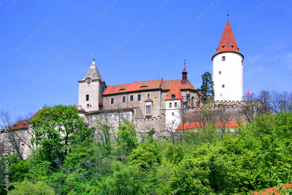 medieval gothic royal castle with ramparts Krivoklat near Rakovnik, Central Bohemia region, Czech republic. National cultural landmark.