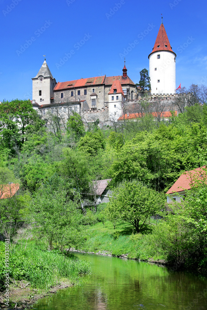 medieval gothic royal castle with ramparts Krivoklat near Rakovnik, Central Bohemia region, Czech republic. National cultural landmark.