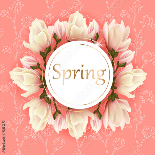 Magnolia realistic flowers, beautiful card for spring holiday Women's day.