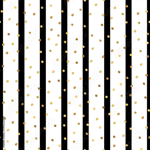 Golden dots seamless pattern on black and white striped background. Ravishing gradient golden dots endless random scattered confetti on black and white striped background. Confetti fall chaotic decor.