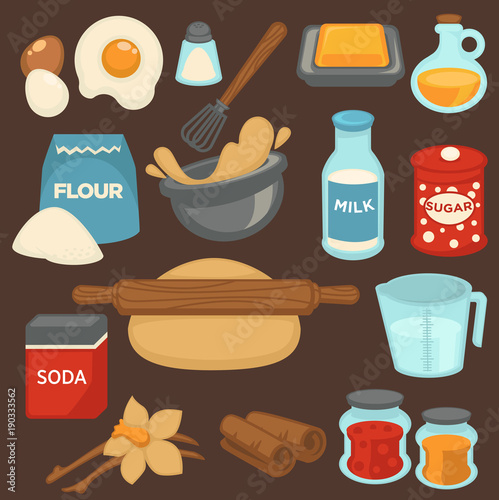 Baking ingredients and tools for bread and pastry cakes vector flat icons