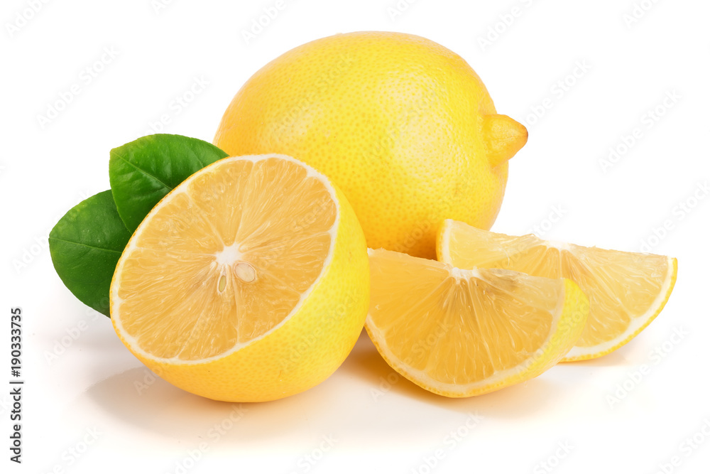 lemon and slice with leaf isolated on white background lemon and slice with leaf isolated on white background