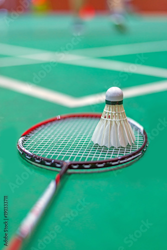 shuttlecock and badminton racket in  court