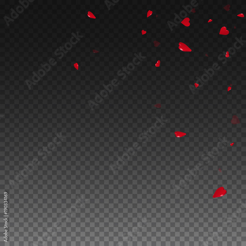 3d hearts valentine background. Scattered top right corner on transparent grid dark background. 3d hearts valentines day admirable design. Vector illustration.