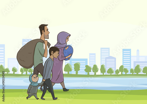 Family homeless or refugees, a man and a woman with children in the big city. Vector illustration with copy space.