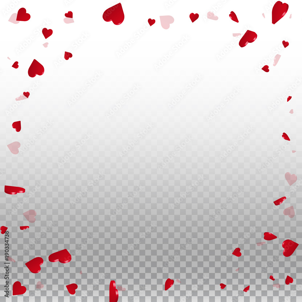 3d hearts valentine background. Round random frame on transparent grid light background. 3d hearts valentines day original design. Vector illustration.