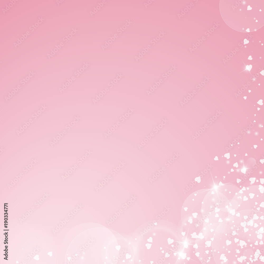 Falling hearts valentine background. Abstract right bottom corner on pink background. Falling hearts valentines day glamorous design. Vector illustration.