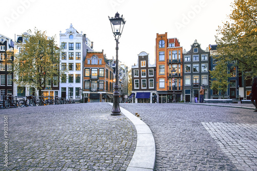 Photography Street scene with  street lamp and buildings in Amsterdam