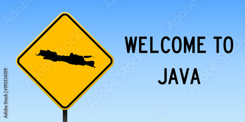 Java map on road sign. Wide poster with Java island map on yellow rhomb road sign. Vector illustration.