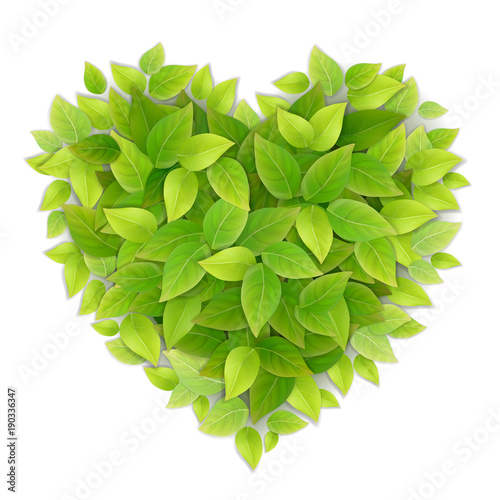 Heart symbol made of green leaves. Illustration about love of nature and eco friendly technologies.