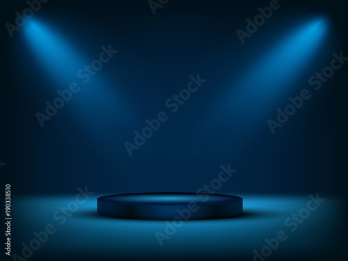 Cylinder podium under blue light. Vector illustration.