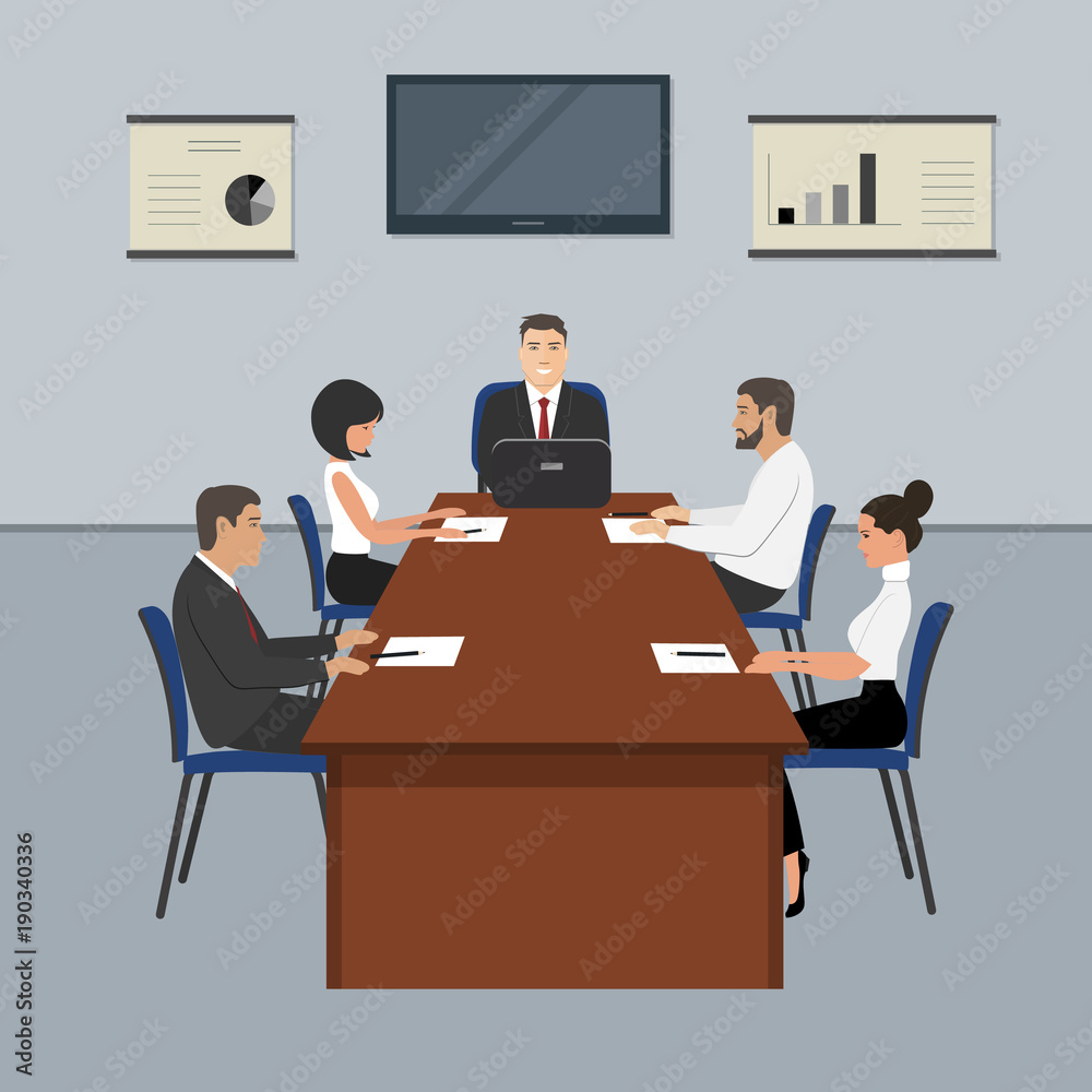 Office workers during the meeting. Young women and men are sitting at the table in the office. Conference hall. On the table is laptop, paper for notes and pencils. There is also diagrams on the wall Office workers during the meeting. Young women and men are sitting at the table in the office. Conference hall. On the table is laptop, paper for notes and pencils. There is also diagrams on the wall