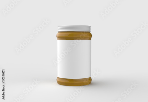 Mustard jar mock up with white label isolated on soft gray background. 3D illustrating.