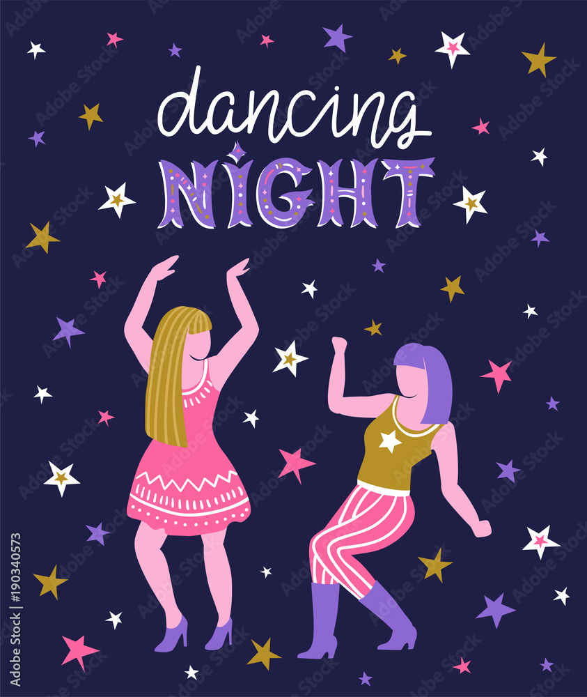 Vector poster with dancing girls. Party invitation or dance banner design with text - dancing night