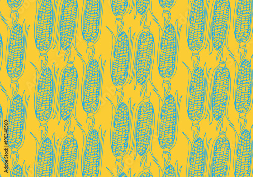 Vector hand drawn Corn cobs pattern in turquoise blue color on yellow background