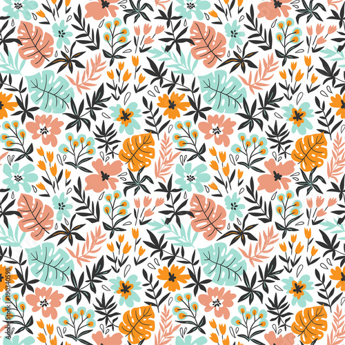 Seamless pattern with wild tropical plants and flowers. Tropic vector repeating background.