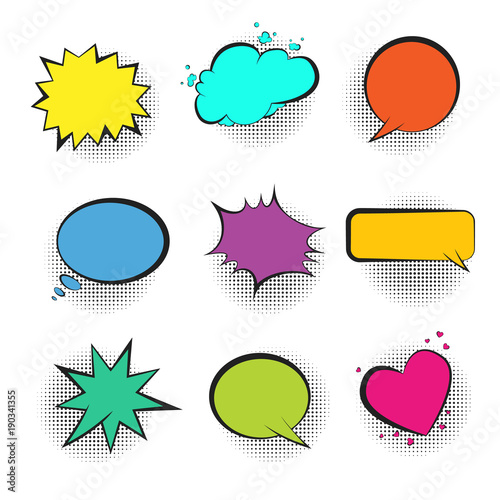 Big set of bright color retro comic speech bubbles with black halftone shadow in pop art style. Green, blue, red, yellow and pink balloons for comics book, advertisement text, web design, badge