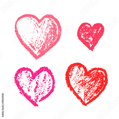 Set of cute hand drawn grunge pink hearts. Doodle scratched hearts for wedding invitation design, lovely Valentine's Day cards