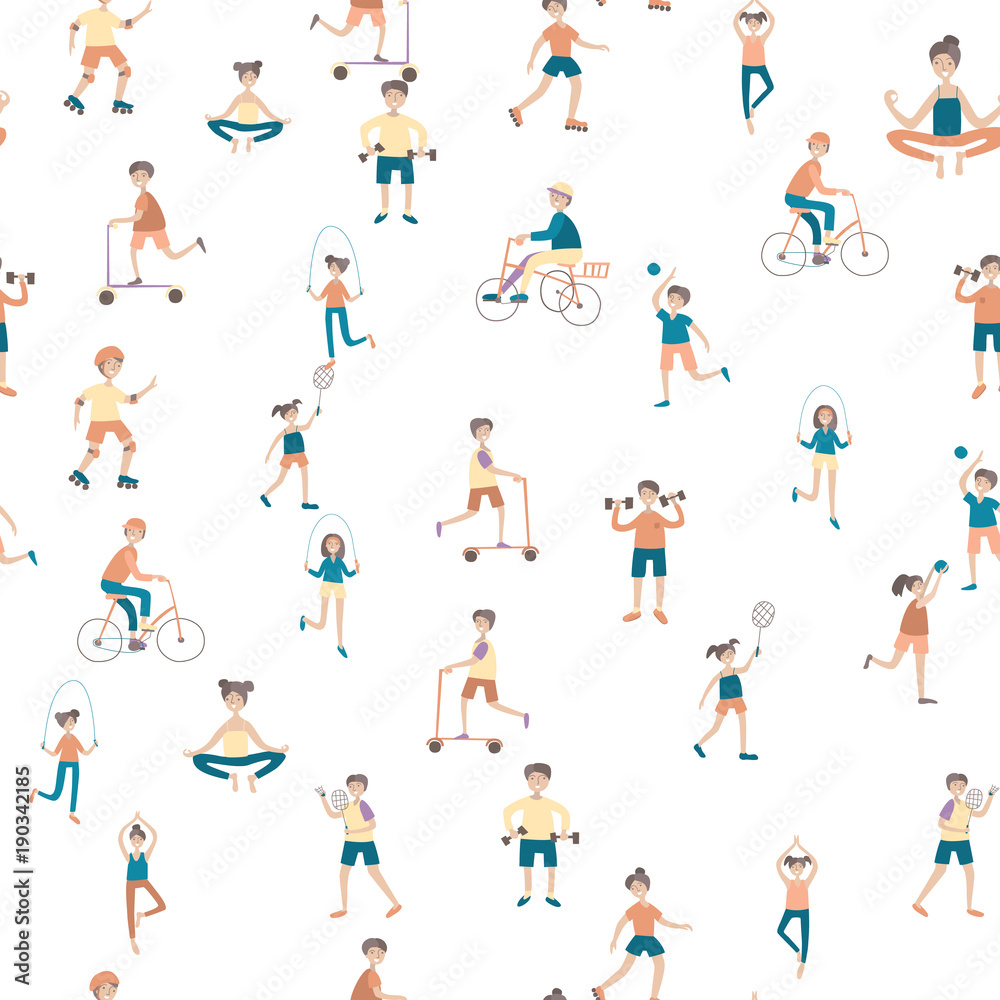 Active lifestyle, sports entertainment outdoors. Young people in city park. Seamless pattern, vector background illustration on white.