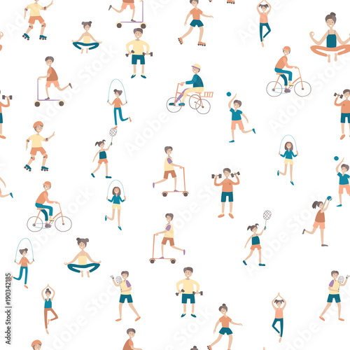 Active lifestyle, sports entertainment outdoors. Young people in city park. Seamless pattern, vector background illustration on white. © Tatyana