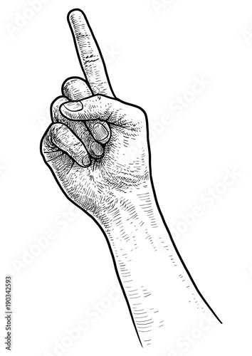 Hand finger point illustration, drawing, engraving, ink, line art, vector