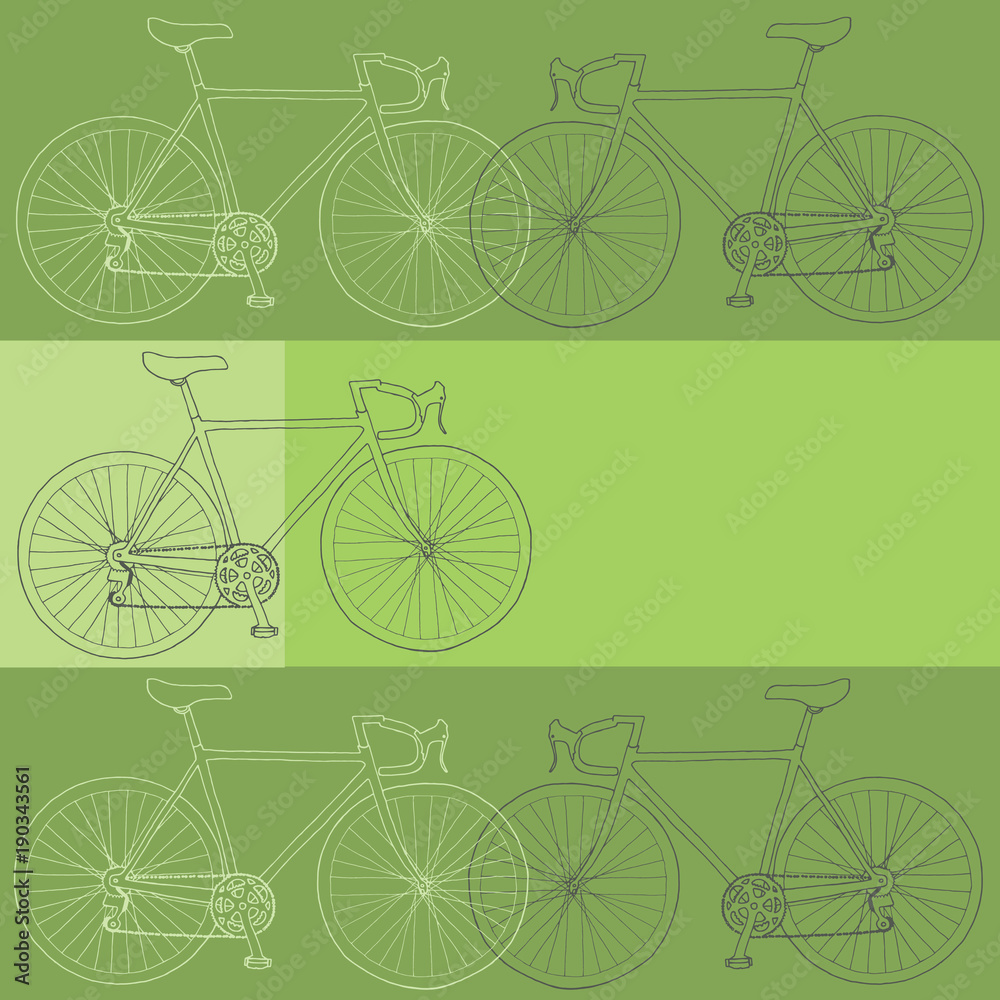 Hand drawn bicycle invitation/thank you/event vector card template in white, gray and green colors palette