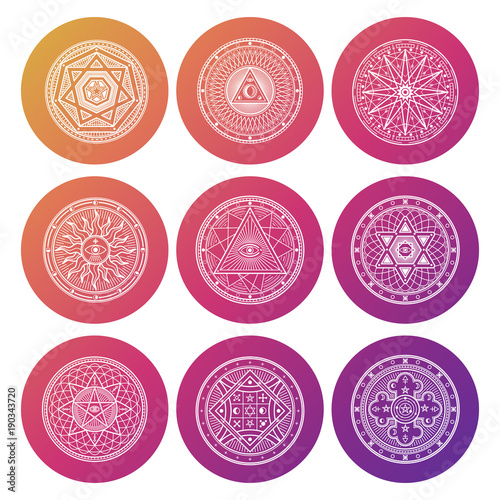 White occult, mystic, spiritual, esoteric bright vector icons