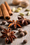 Various Spices background. Cinnamon sticks and anise stars close-up on wood background