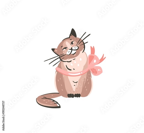 Hand drawn vector abstract graphic doodle cartoon simple illustration icon with cute funny domestic spring cat in pink pastel bow isolated on white background