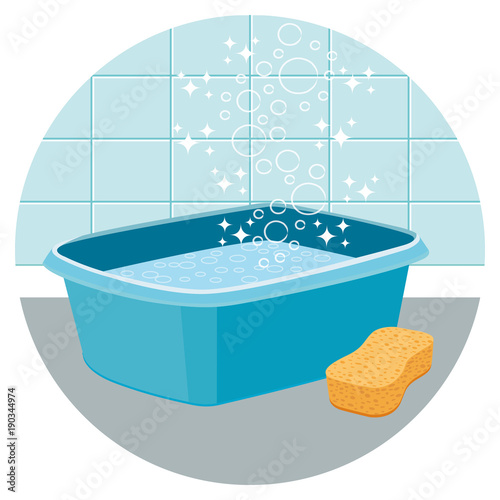 Basin filled with water with sponge. House cleaning vector icon II.