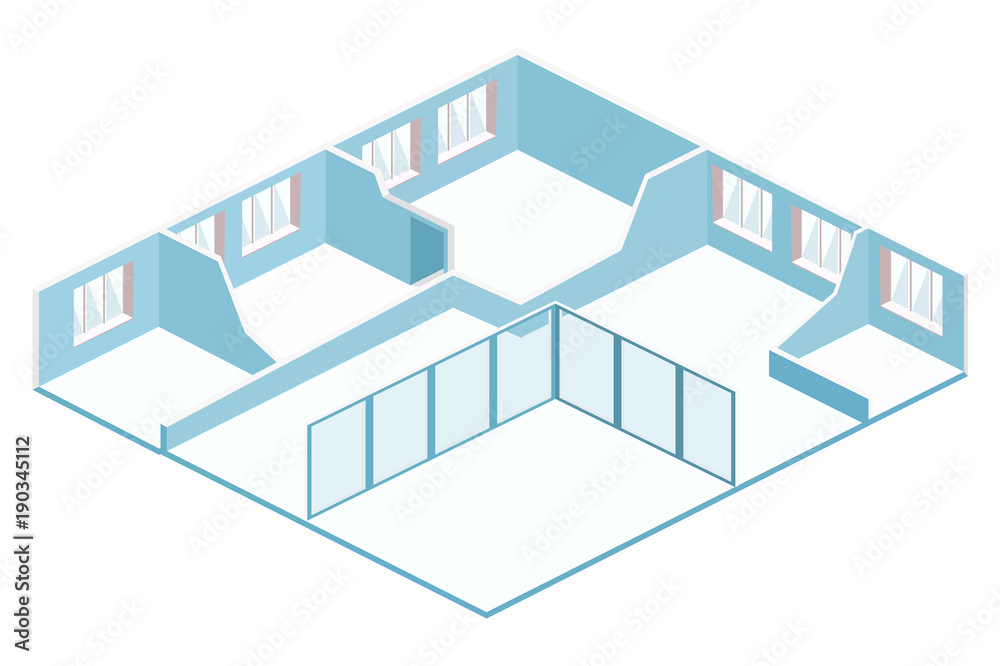 Isometric flat 3D abstract interior empty room.