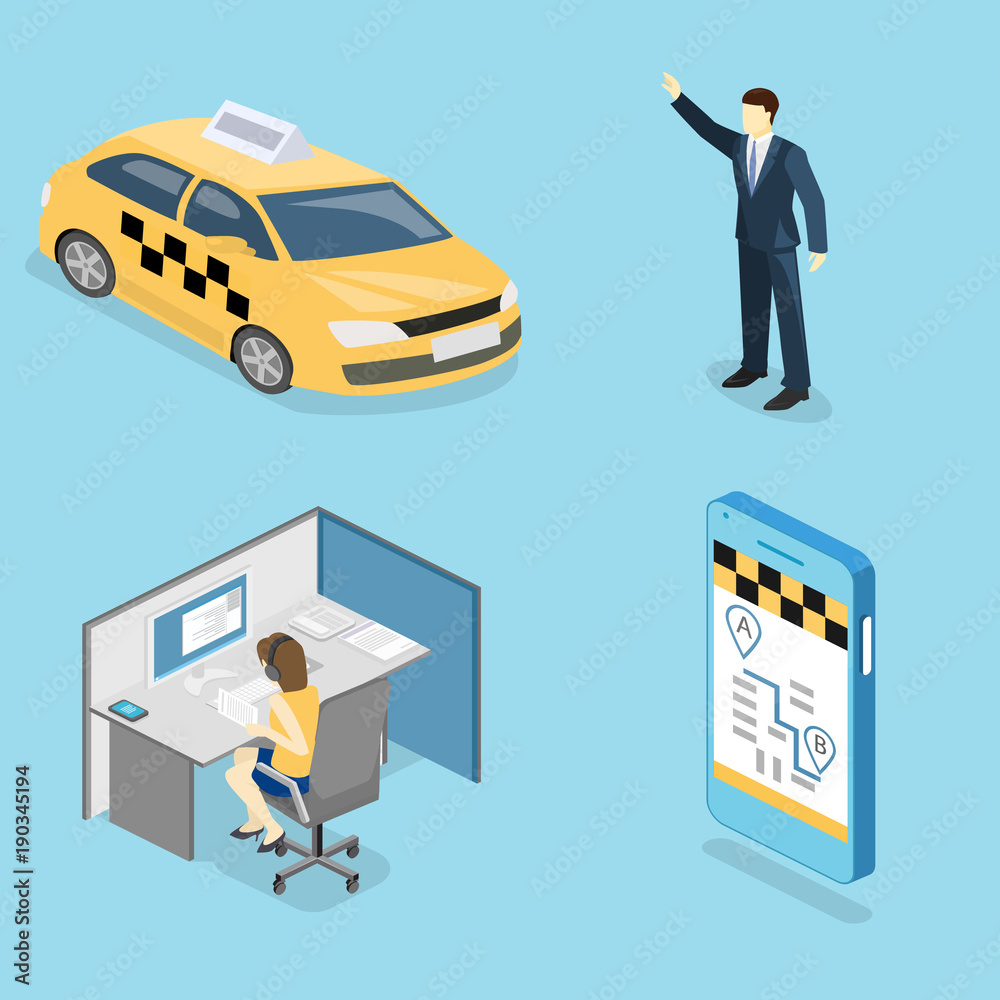 Isometric flat 3D isolated concept vector taxi transport, service. Isometric flat 3D isolated concept vector taxi transport, service.