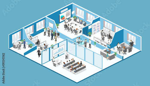 Isometric interior departments concept vector. conference hall, offices, workplaces
